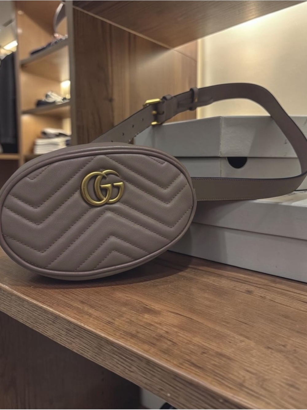Gucci Taupe Chevron GG Marmont Mini Belt Bag